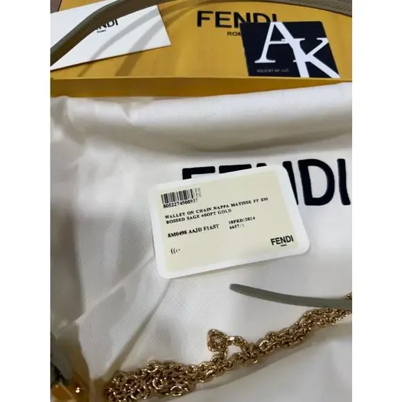 Fendi Wallet on Chain Baguette FF Leather Sage Green Crossbody Shoulder Bag - Picture 14 of 14